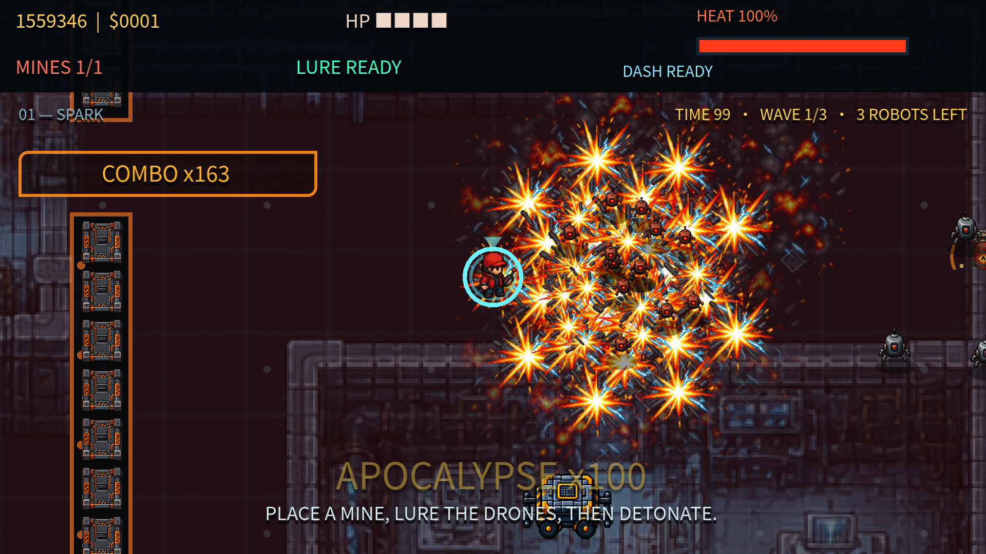 Engine test sequence: numerous explosions spread around the hero and surrounding robots.