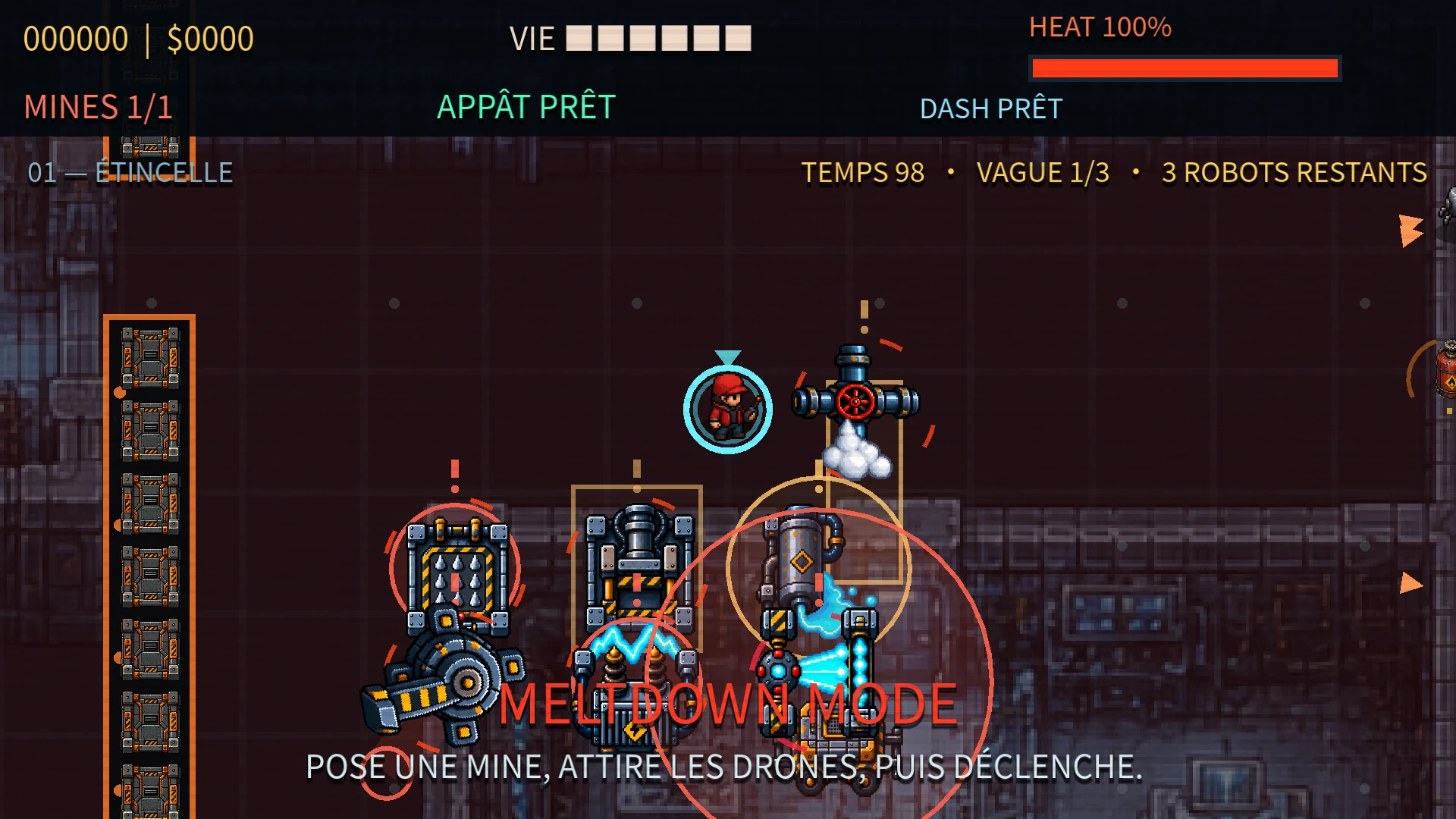 Test capture showing the danger zones of several industrial traps around the hero.