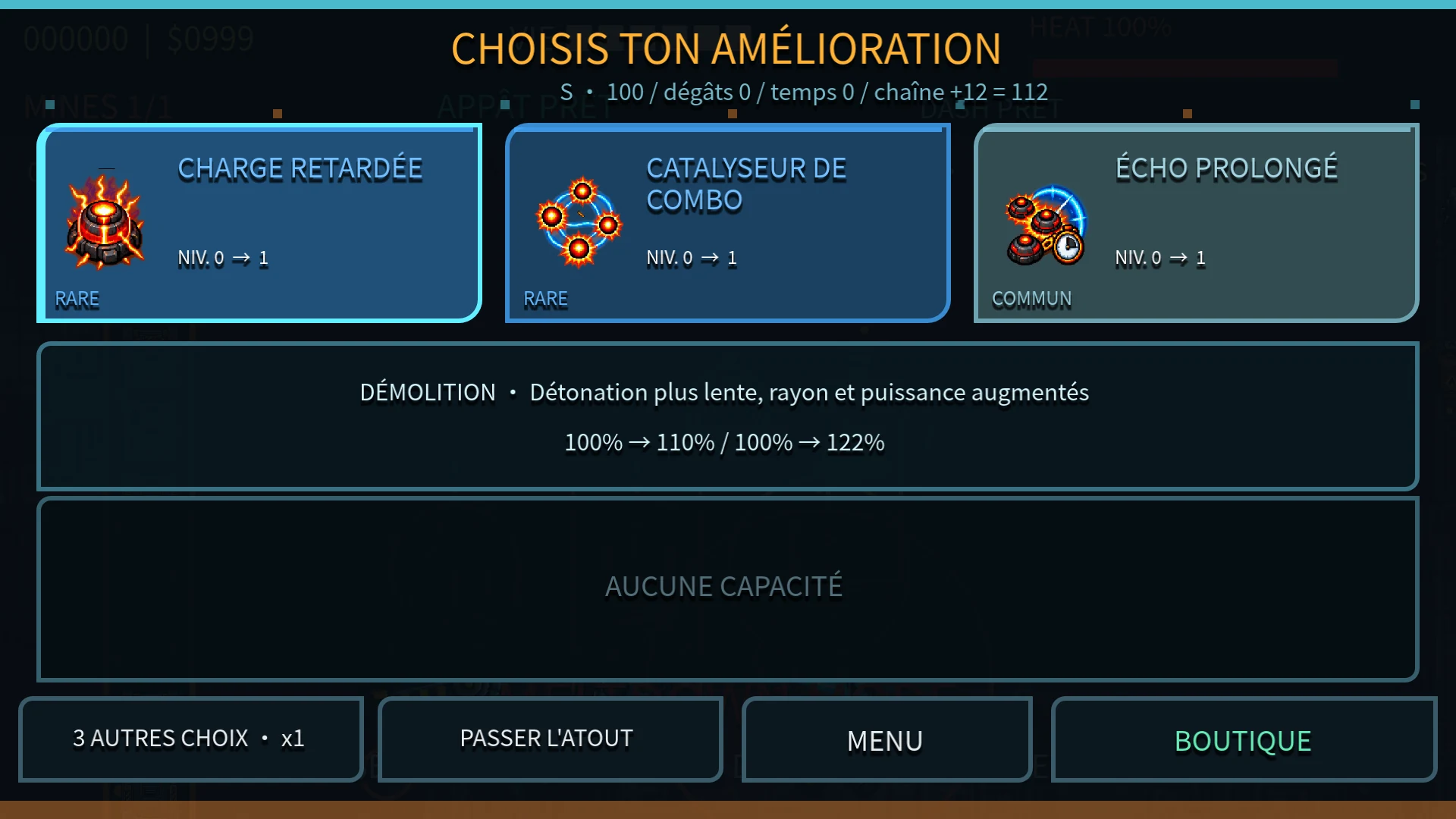 Upgrade selection screen featuring Delayed Charge, Combo Catalyst and Extended Echo.